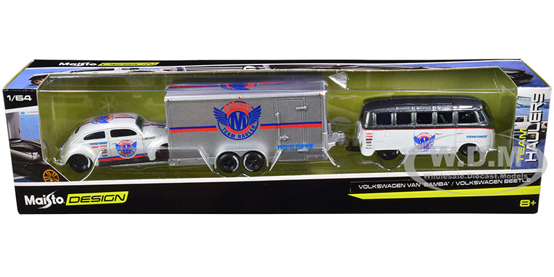 Volkswagen Samba Bus Dark Gray Metallic and White with Volkswagen Beetle White Metallic and Enclosed Car Trailer Silver "Toyo Tires" "Team Haulers" S