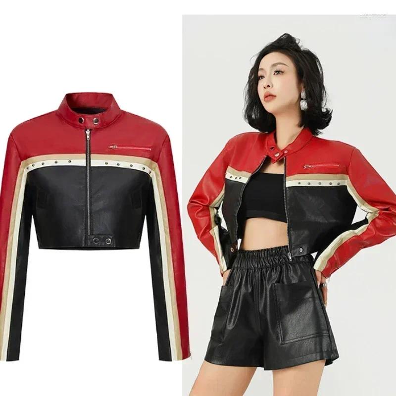Women&#039;s Jackets Spring Autumn Women Fashion Punk Biker Core Color Block Zipper Studded Detail Crop PU Leather Jacket Y2K Short Outerwear