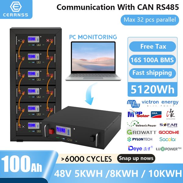 48V 100AH 200AH LiFePO4 Battery 5KW 10KW Solar Lithium Batteries 6000+ Cycles RS485 CAN BUS PC Monitor For Off-On Grid Inverter