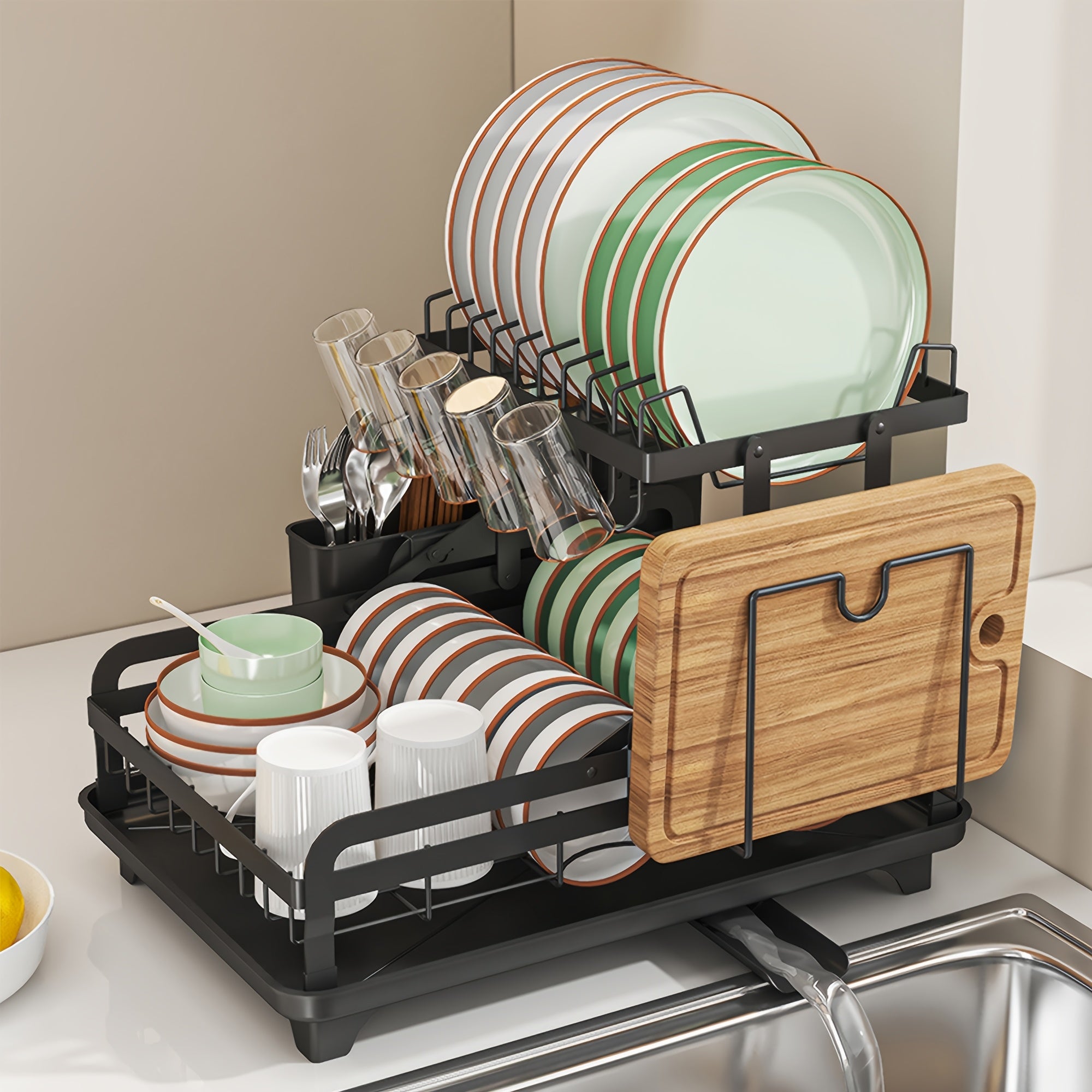 TEMU 1pc Large 2-tier Carbon Steel Dish Drying Rack With , Glass & Utensil Holders, And Extra Drying Mat - Rust-resistant Metal Dish Drainer For