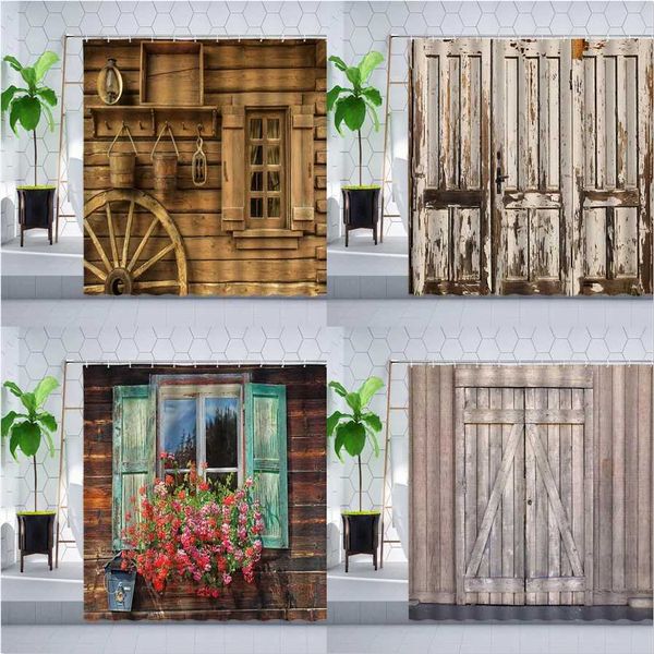Vintage Old Wooden Door Shower Curtain Retro Flower Window Farm Barn Shutters Waterproof Polyester Bathroom M240824