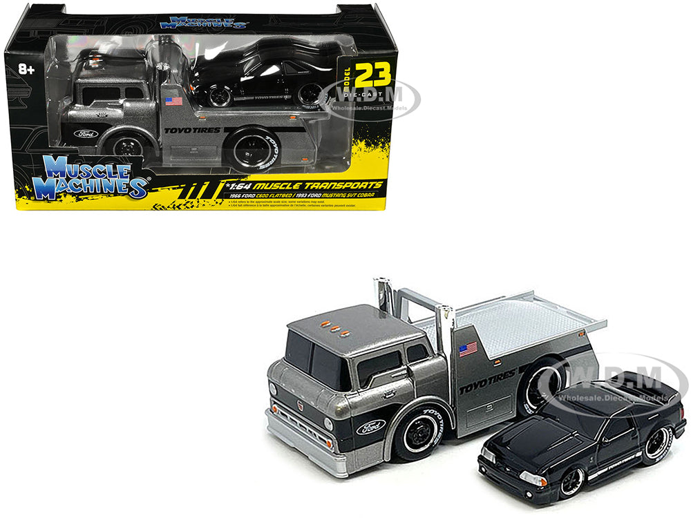 1966 Ford C600 Flatbed Truck Gray Metallic and 1993 Ford Mustang SVT Cobra Black "Toyo Tires" "Muscle Transports" Series 1-64 Diecast Models by Muscl