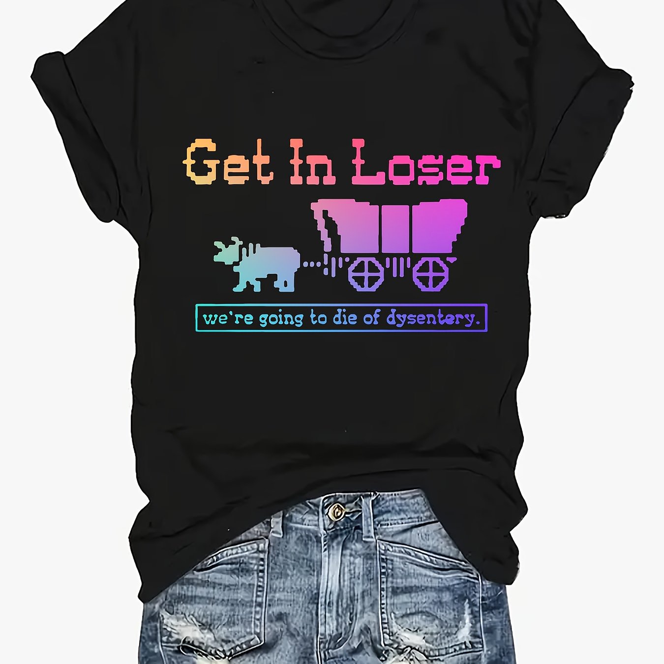 TEMU Women's Casual Short Sleeve T-shirt - With "get In " Slogan & Graphic, Colorful Gradient Letter Print, Round Neck, Plus Size, Machine Washable