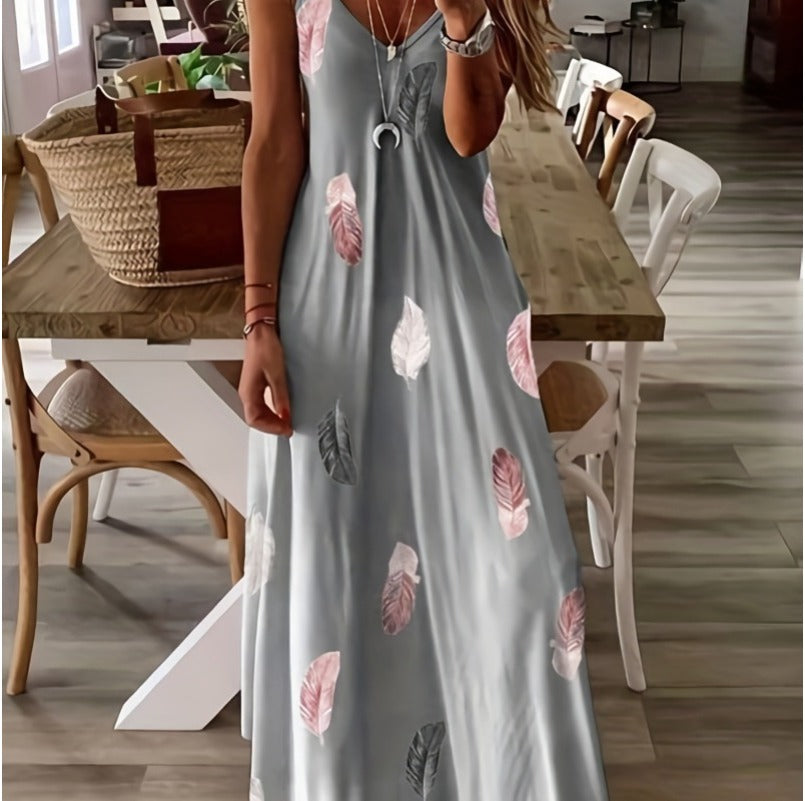 (1152) New Sleeveless Slim Fit Feather Print Low Cut V Neck Suspender Long Swing Long Dress Women&#039;s Dress