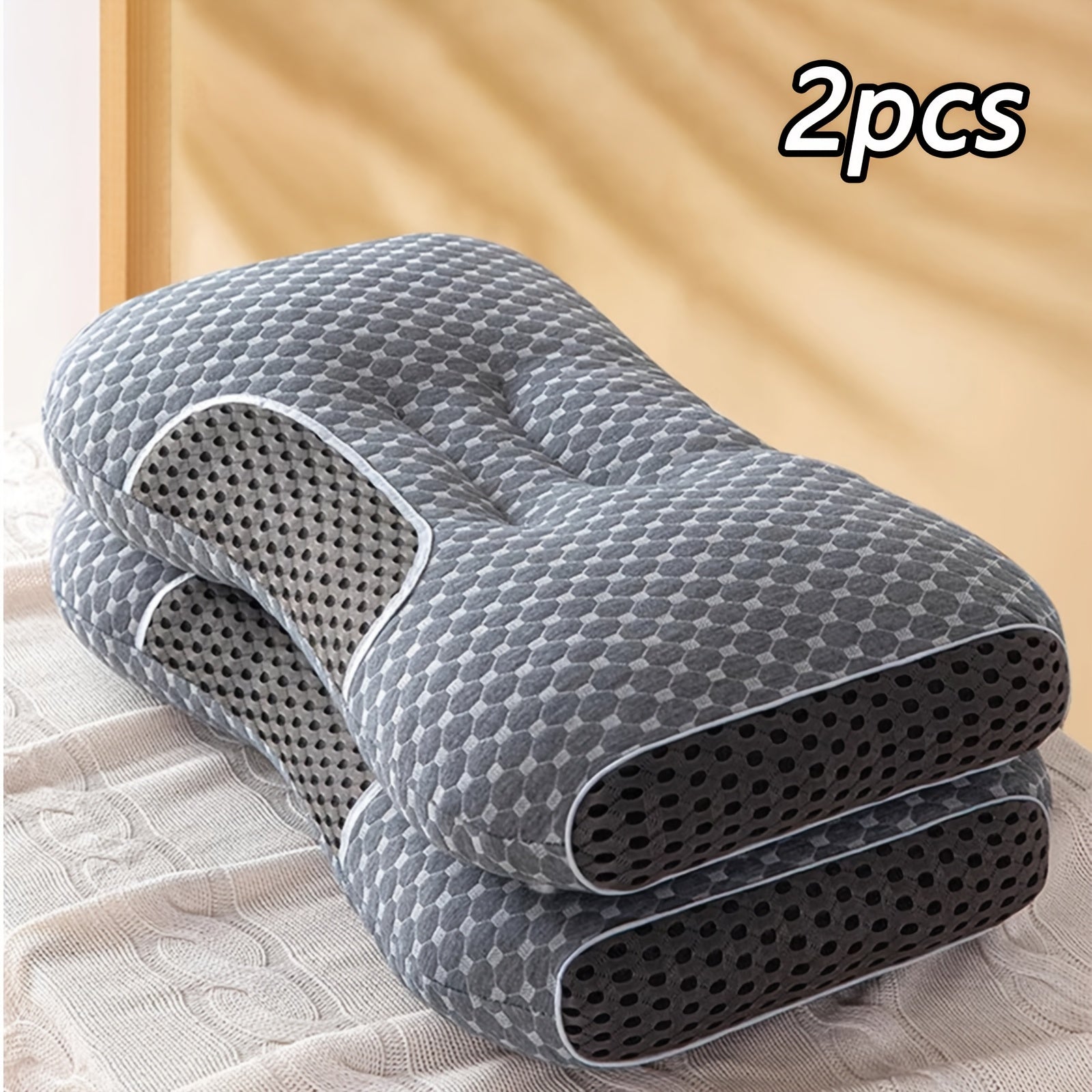 TEMU 2pcs Soft Massage Neck Pillow - Adjustable Ergonomic Bone Profile Support, High Quality Pillow Core, Removable Pillowcase For Comfortable Sleep