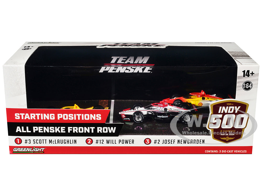 "108th Indianapolis 500" (2024) "All Penske Front Row" Set of 3 IndyCars 164 Diecast Model Cars by Greenlight