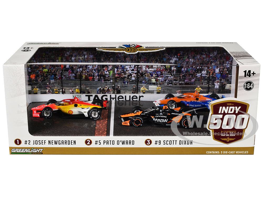 "108th Indianapolis 500" (2024) Podium Set of 3 IndyCars 164 Diecast Model Cars by Greenlight