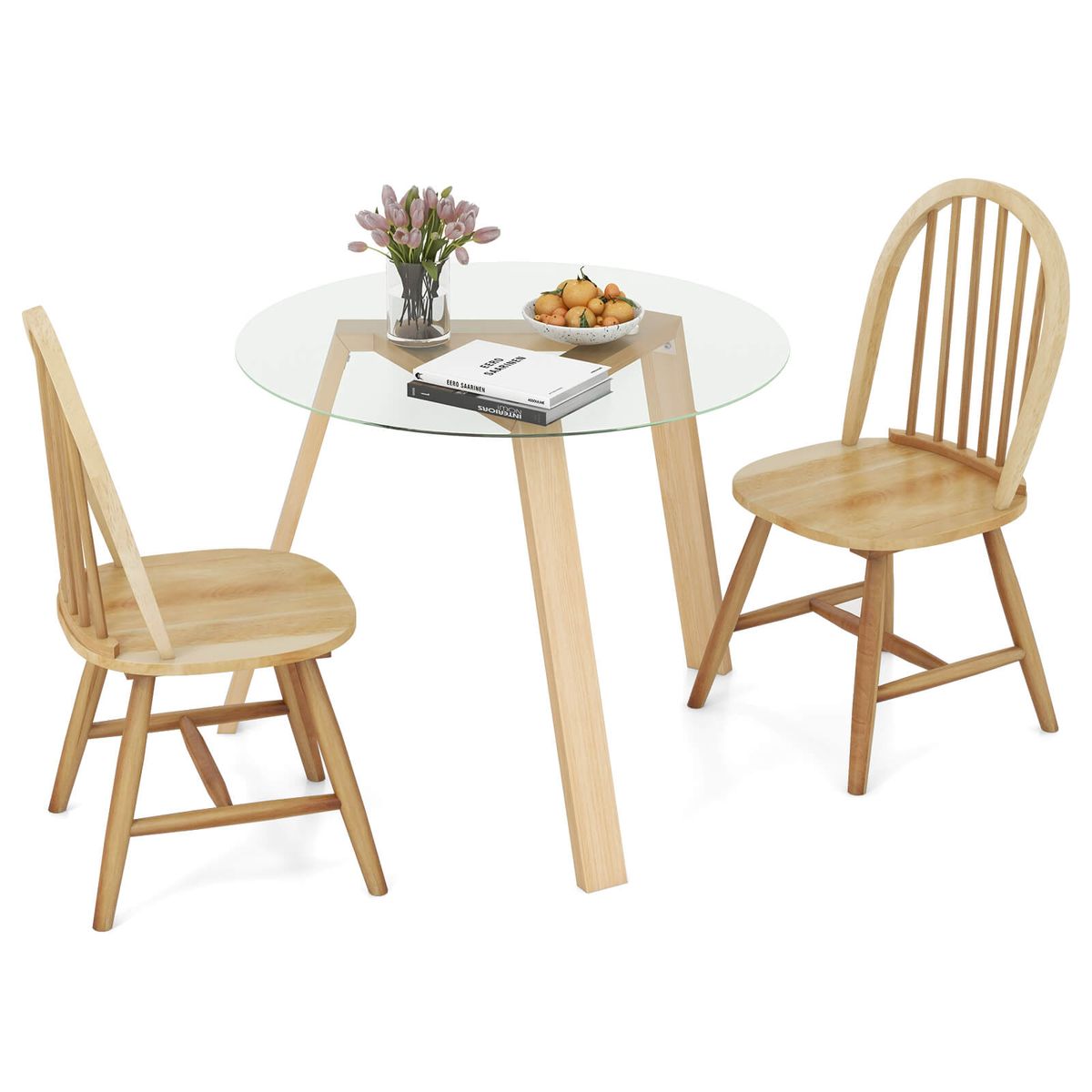 3-Piece Round Table Dining Set with Chairs - 3 PCS Dining Set -Beige