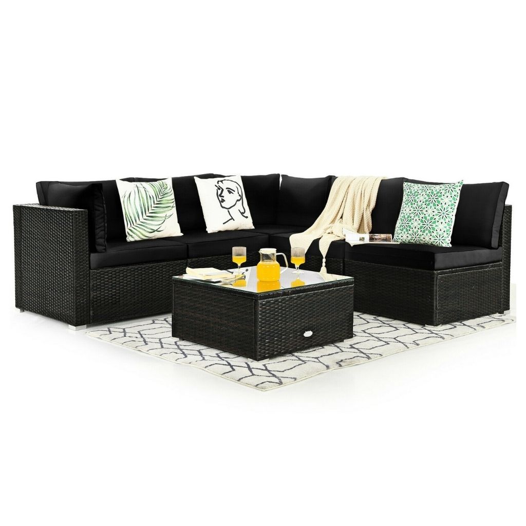 6-Piece Rattan Patio Furniture Set with Glass Top Table - Black