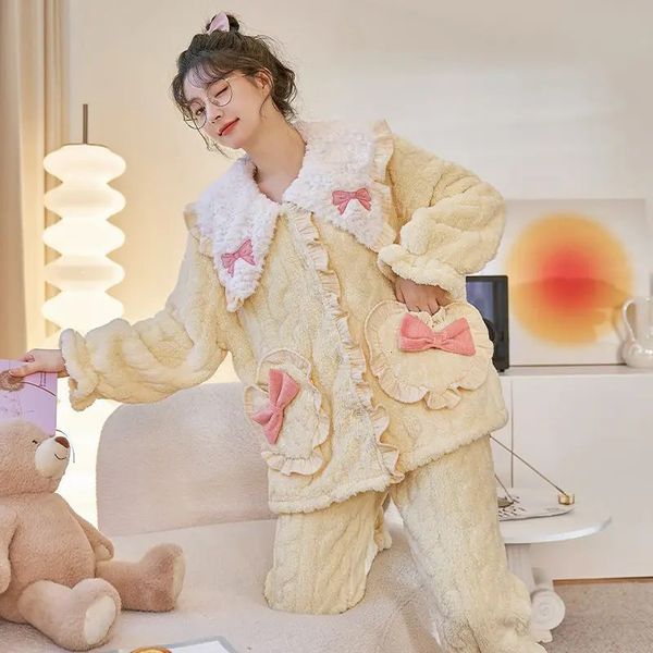 Woman Pama Coral Fleece Thick Cute Student Autumn Winter Sleepwear 2024 New Flannel Homewear Set Famale Loungewear Suit Pijama