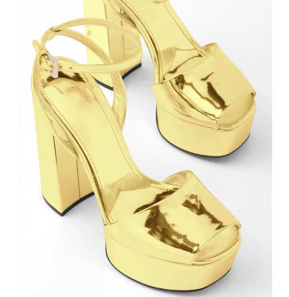 luxury- Sandals Gold Peep Toe Platform Chunky Heel Sandal Woman Summer 2025 Silver Round Hollow Buckle High Fashion Shoes For Women