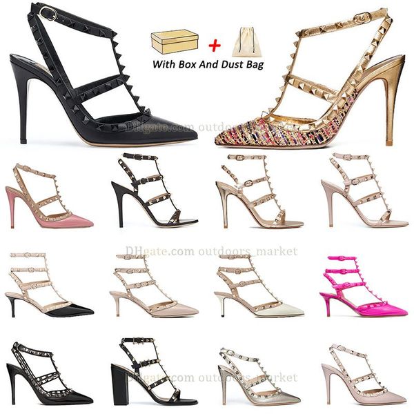 famous womens heels sandal dress shoes Valentine&#039;s platform heel glitter spikes rivets walk Slingback golden pumps Pointed-Toe sandal s