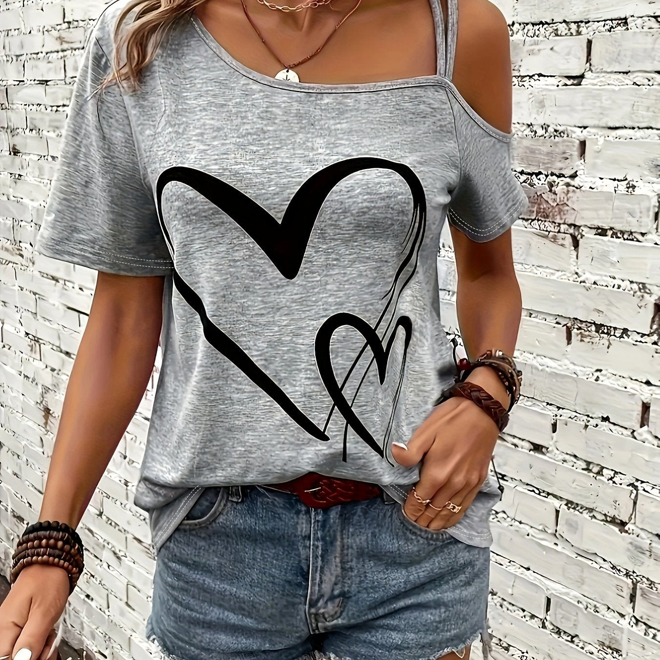 TEMU Women's Stylish Off-shoulder Short Sleeve T-shirt With - Casual Gray Tee, Asymmetrical Neckline, All , Casual Wear | Heart Print Top |