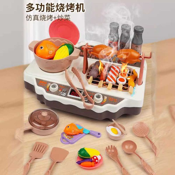 Kitchens Play Food Childrens toys family simulation kitchenette set multi-function barbecue oven bubble spray cooking set H241118