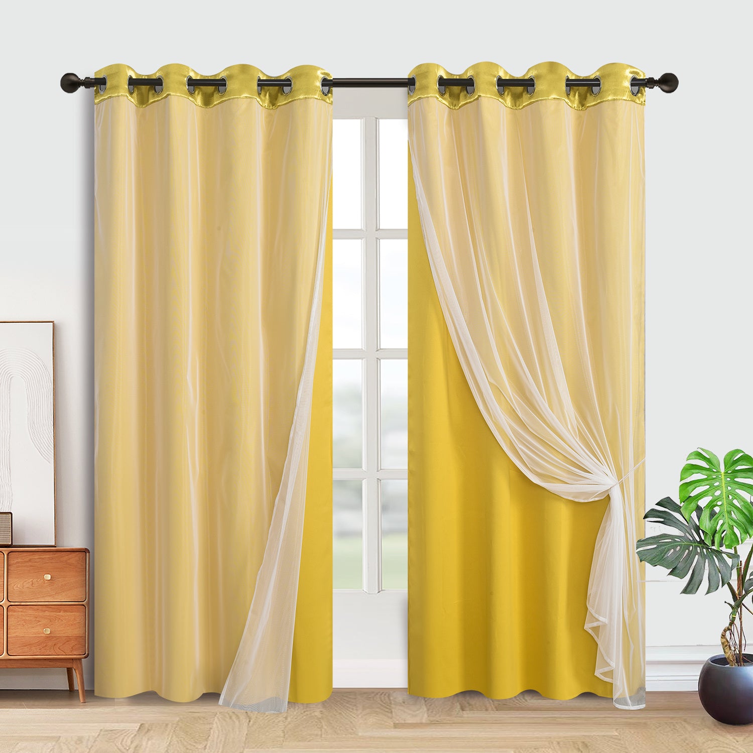 TEMU 2 Panels Double-layered Room-darkening Curtains With Tiebacks, White Embroidered Sheer , Grommet Top Thermal Insulated Drapes