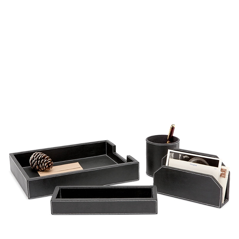 Pigeon & Poodle Larne Black Full Grain Leather Desk Accessories, Set of 4