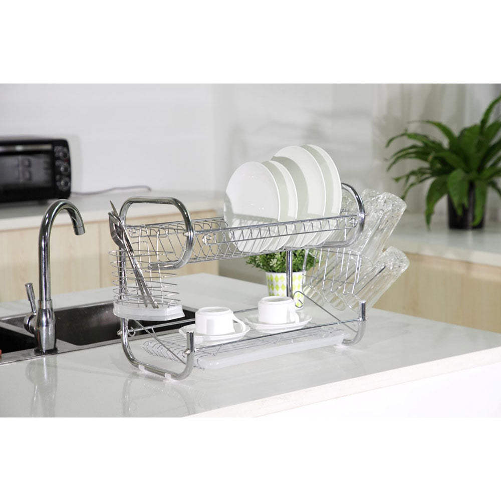Stainless Steel 2-Tier Dish Rack with Utensil Holder - 23-Inch