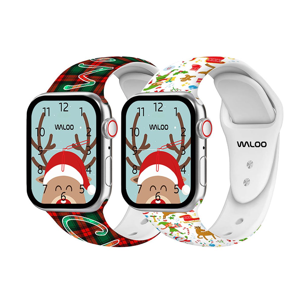 Christmas-Holiday-Fun Silicone Sport Bands for Apple Watch (2-Pack) - 38-40-41mm & 42mm (Series 10 Only) - Plaid + Cream Reindeer