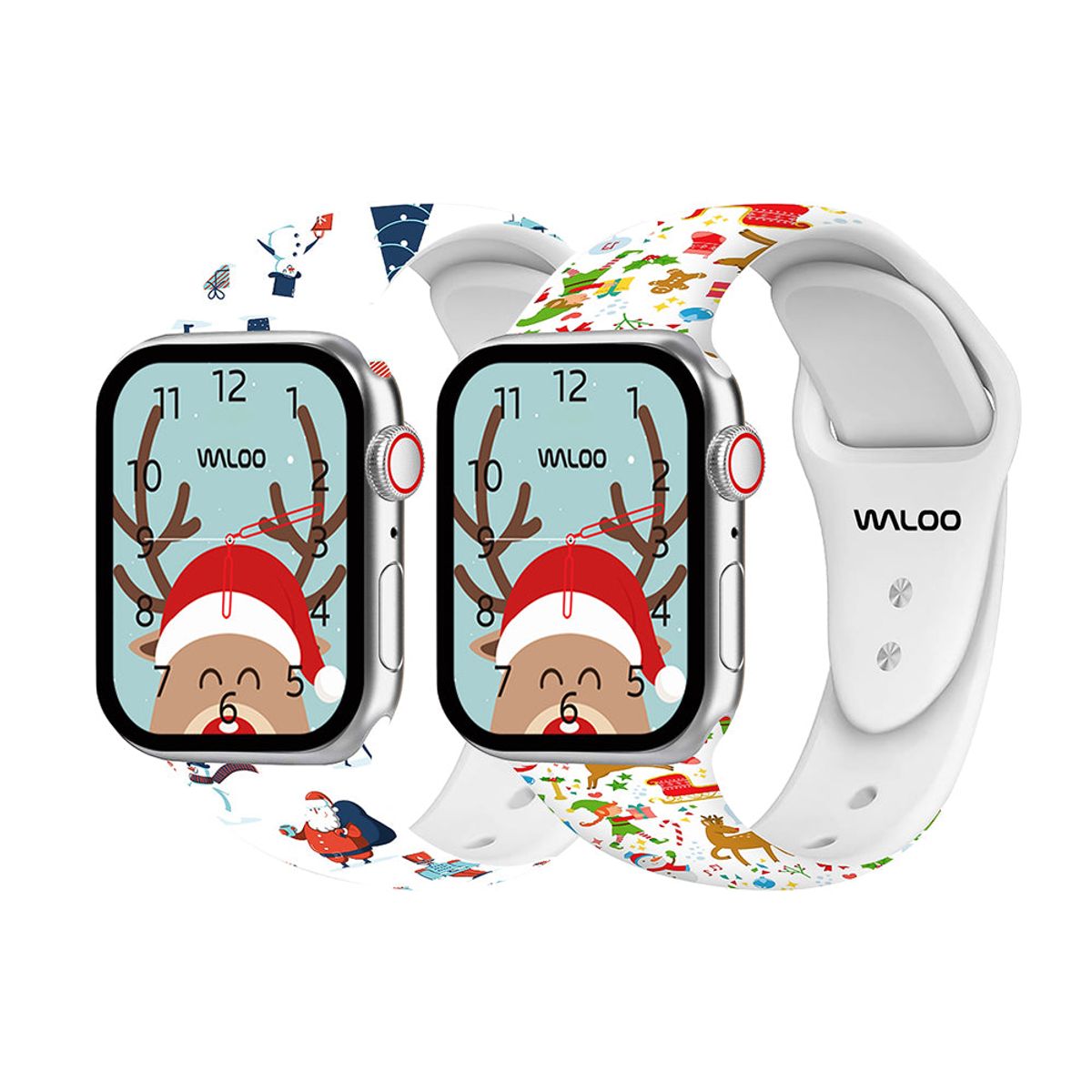 Christmas-Holiday-Fun Silicone Sport Bands for Apple Watch (2-Pack) - 38-40-41mm & 42mm (Series 10 Only) - White Santa + Cream Reindeer