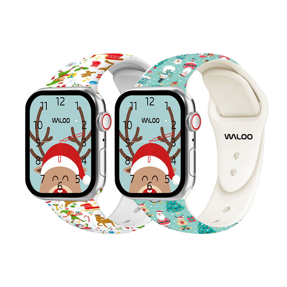 Christmas-Holiday-Fun Silicone Sport Bands for Apple Watch (2-Pack) - 44-45-46-49mm & 42mm (Series 1-3 Only) - Cream Reindeer + Teal Snowman
