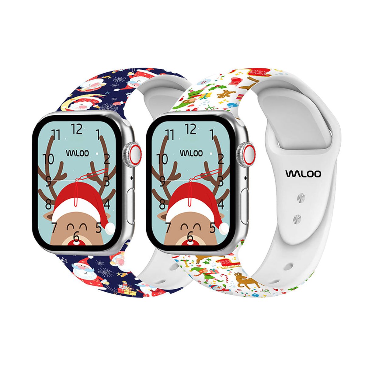 Christmas-Holiday-Fun Silicone Sport Bands for Apple Watch (2-Pack) - 44-45-46-49mm & 42mm (Series 1-3 Only) - Navy Santa + Cream Reindeer