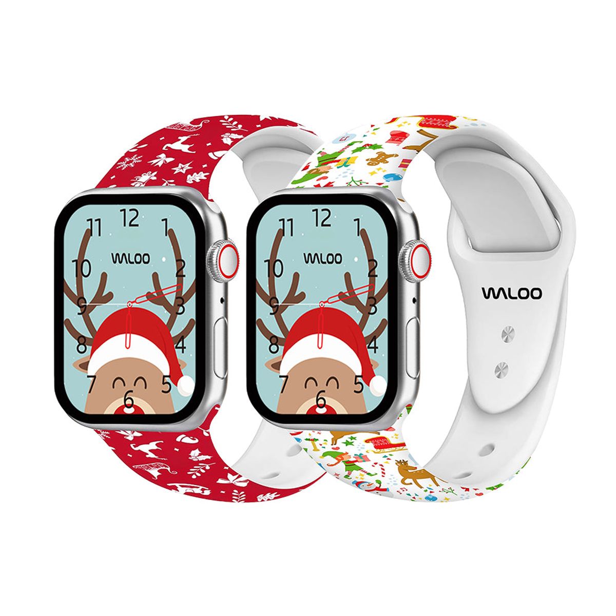 Christmas-Holiday-Fun Silicone Sport Bands for Apple Watch (2-Pack) - 44-45-46-49mm & 42mm (Series 1-3 Only) - Red Winter + Cream Reindeer