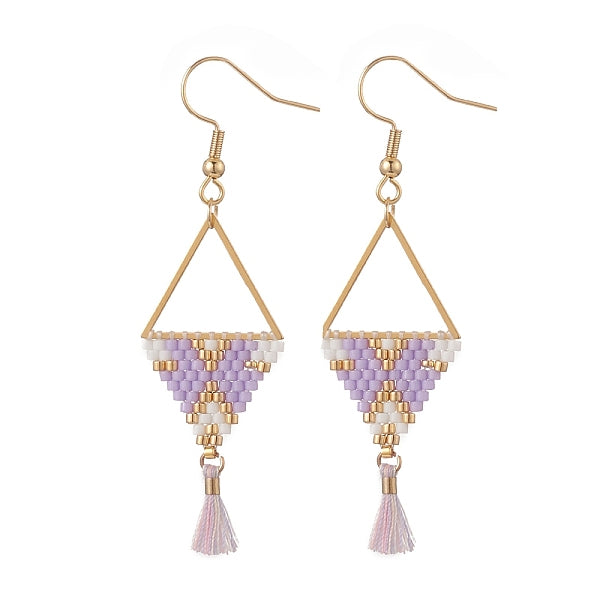 Boucles d'oreilles pendantes triangulaires tressées en graines de verre