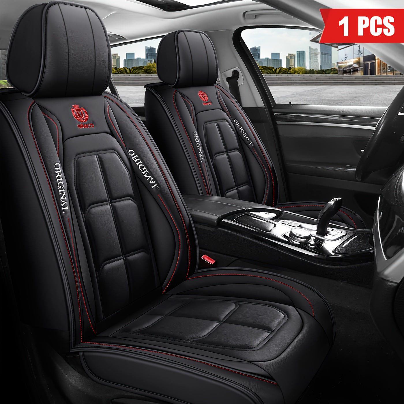 TEMU | 1pc | [durable] Original Grey & Red Pu Leather Car Seat Cover Pu Leather | Durable, Breathable, , Protection | Front Seats | | Premium | ,