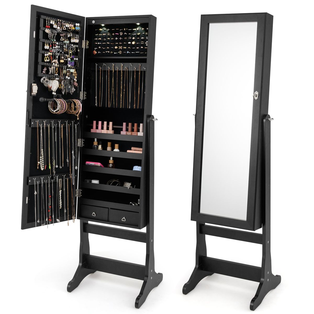 Lockable Mirrored Jewelry Cabinet Armoire Organizer - Costway Mirrored Jewelry Cabinet-Black