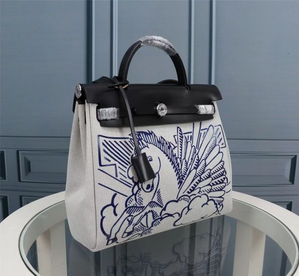 Luxury Brand Canvas Real Cowhide Leather Totes Handbag Horse Embroidery Satchels New Fashion High Quality Womens Shoulder Bags X240902