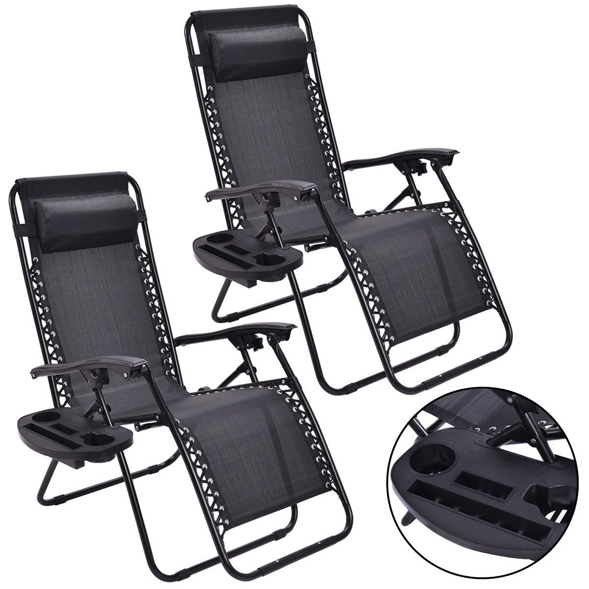 Folding Zero Gravity Reclining Lounge Chairs (2-Pack) - Patio Recliner Black