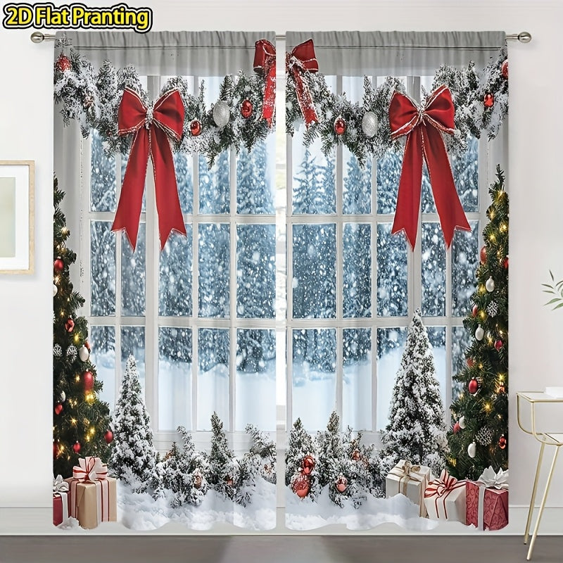 TEMU 2d Flat, 2pcs Winter Snowy Pine & Red Bow Semi-sheer Curtains - Modern Christmas Window Drapes With Pole , Semi-transparent Privacy For Living