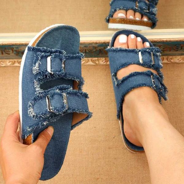 Women Denim Buckled Fringe Hem Double Strap Comfortable Sandals Woman Slip-on Beach Walk Slippers Summer Casual Sandalias CL240806
