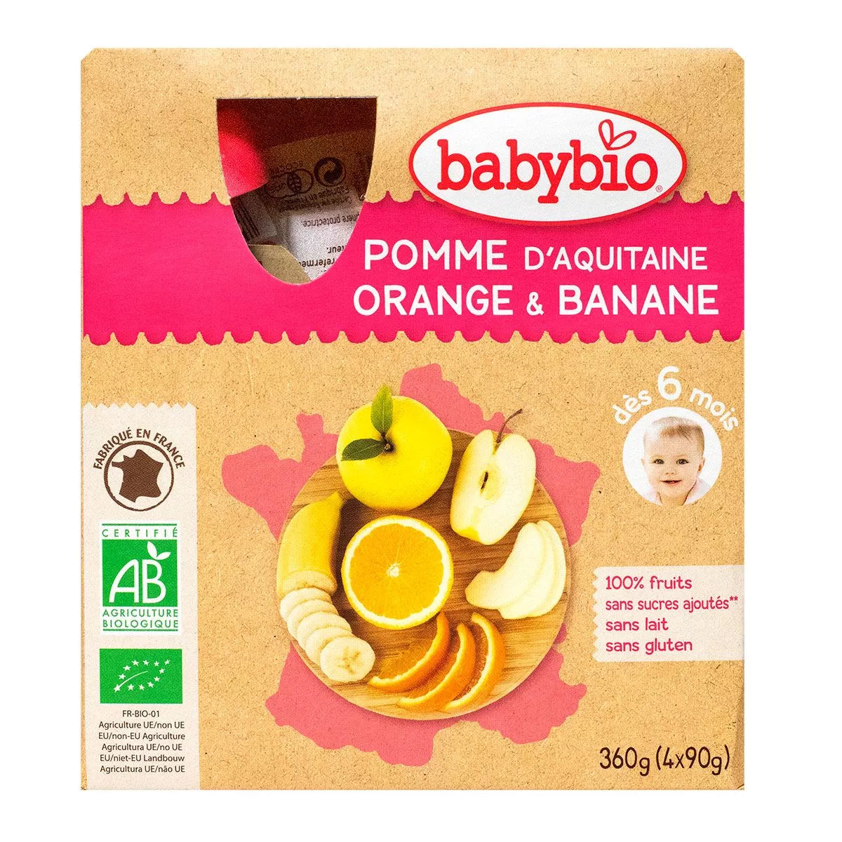 Babybio fruktflaskor - 6 månader och mer - Äpple, apelsin, banan - EKOLOGISK 4x90 g