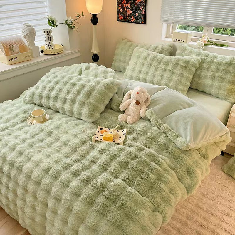 Puffy Comfort Thickened Faux Rabbit Fur Bed Sheet Set, Green - Pillowcase(1 pc)