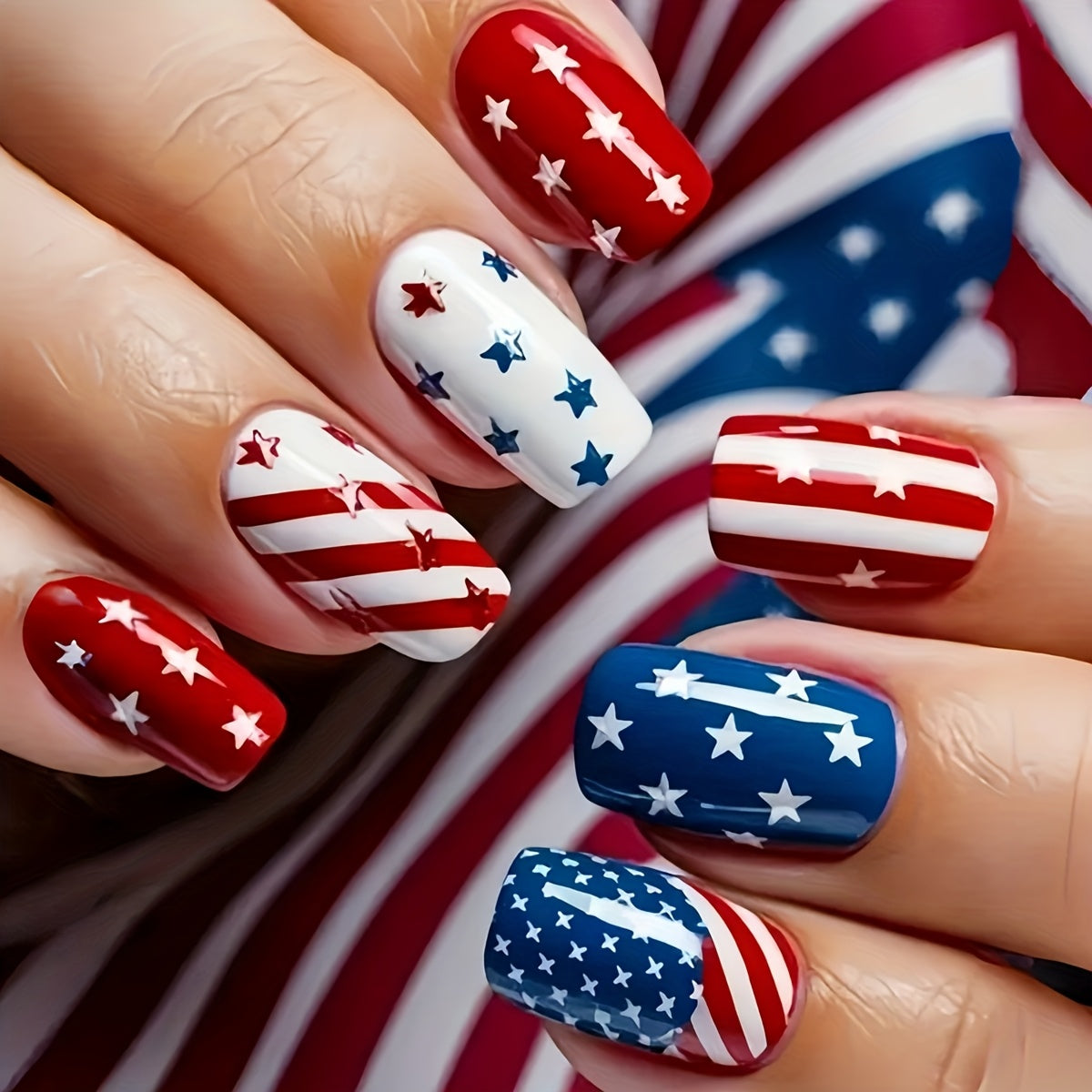 TEMU 24pcs Patriotic Nail Stickers - Red White & Design, Medium Length Square Glossy Finish Removable Fake Nails For , Nail Art Decorations, Festive