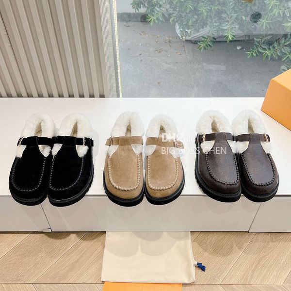 Suede fur loafers sandals winter warm furry fluffy loafers slides wool slip on shoes with Buckle Dress shoes for womens shearling shoes Luxu