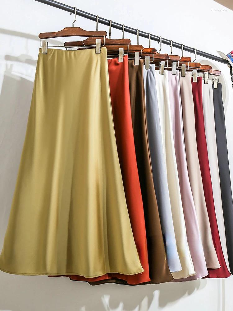 Skirts Women&#039;s Long Skirt 2024 Fashion Satin Office Lady Elastic Waist Solid Champagne Purple Red Silk A-LINE For Women