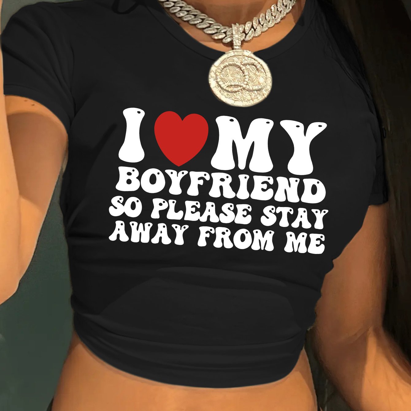 TEMU Women' Casual Graphic Crop Top T-shirt - "i Love My Boyfriend" Slogan With Red Heart, Stretchy Round Neck Short Sleeve Tee For Spring Summer