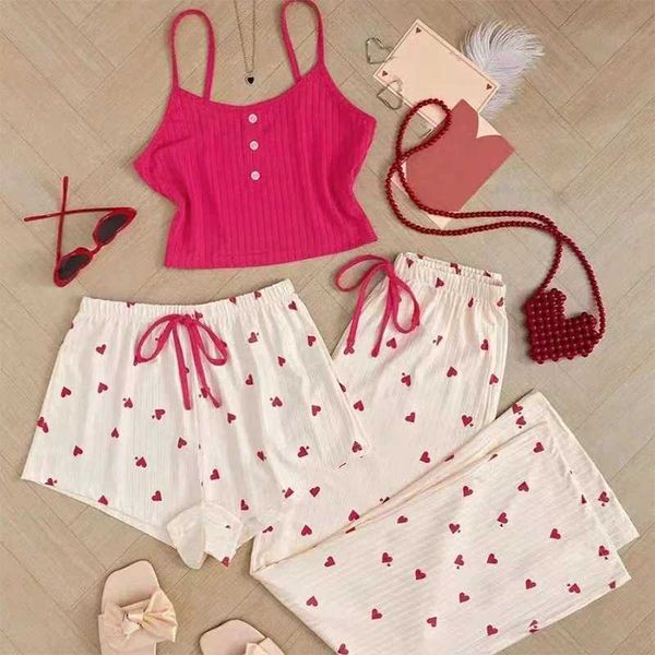 3Pcs Womens Pajamas Heart-Shaped Printed Vest Shorts and Pants Paired with Ribbed Fabric for Home Casual Womens Sleepwear SetC241213