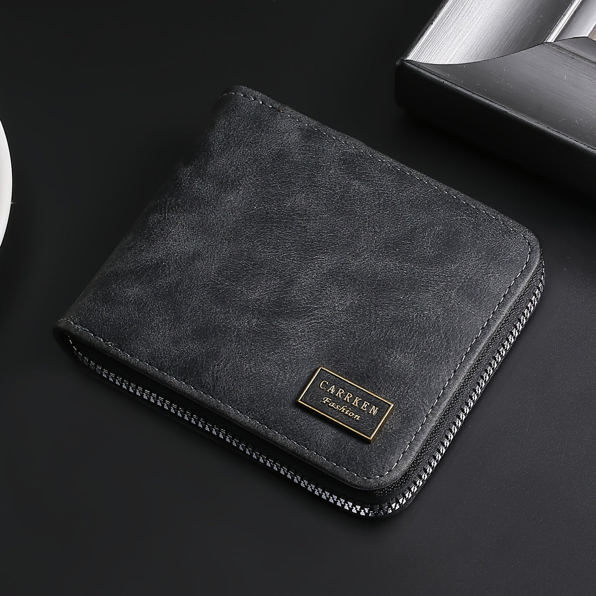 TEMU [elegant Style] Carrken Compact Men's Leather Wallet With Zipper - Sleek Black, Multi-card Holder & Coin Pocket, Folding Design - Ideal Gift For