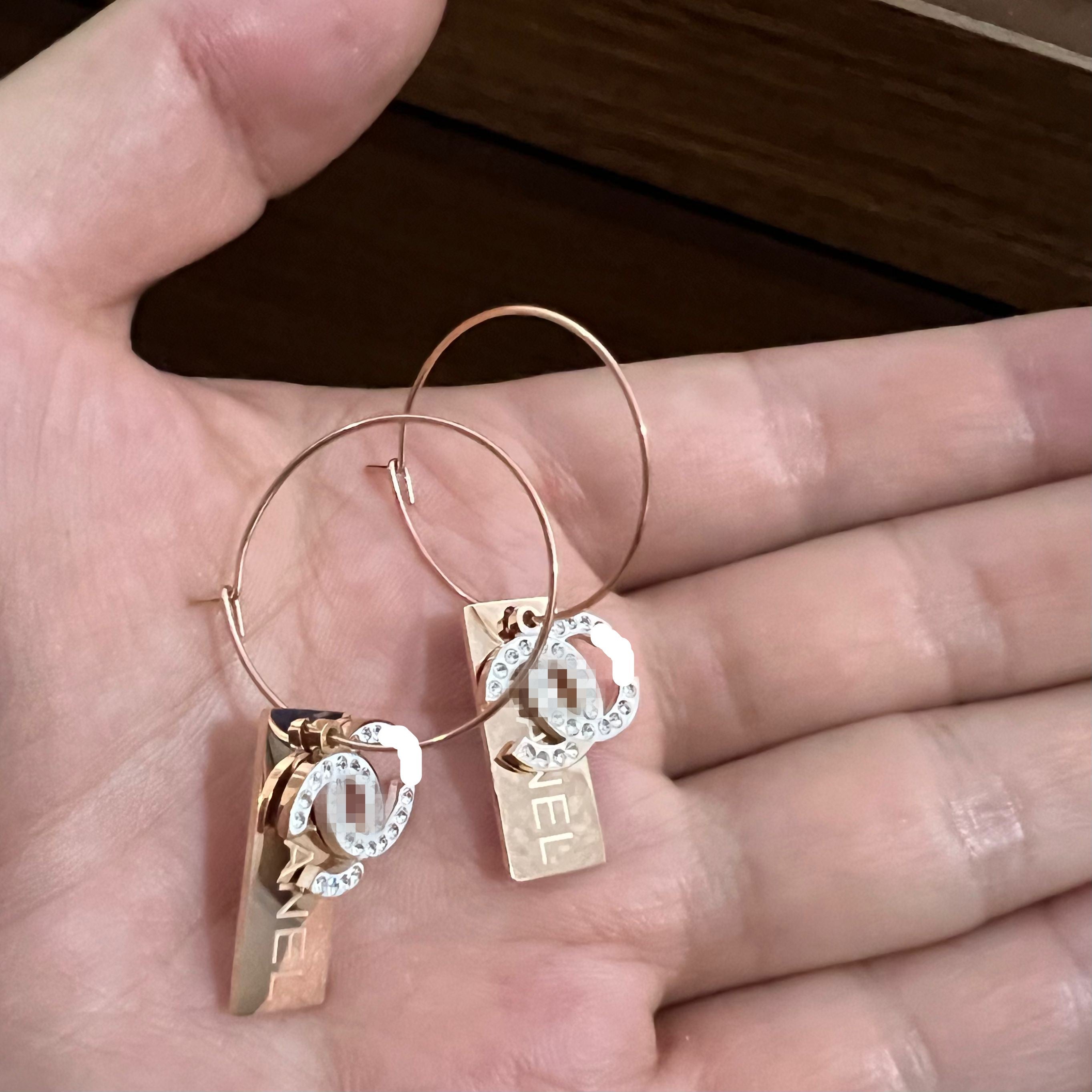 Luxury Girls letter hoops designer branded 316L Stainless Steel 18k Gold Rose women diamond C square engrave earrings wedding party birthday jewelry