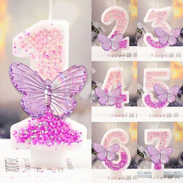 0-9 Number Birthday Candles Purple Butterfly Glitter Digital Candle Cake Topper Decorations for Birthday Wedding Party Supplies Y240815