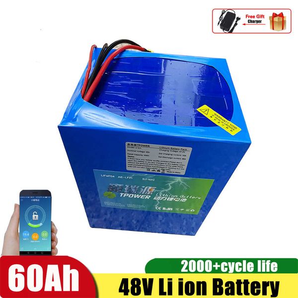 Pacote de bateria de íon de lítio para scooter elétrica 48V 60AH para bicicletas elétricas, scooters, veículos elétricos + carregador 10A