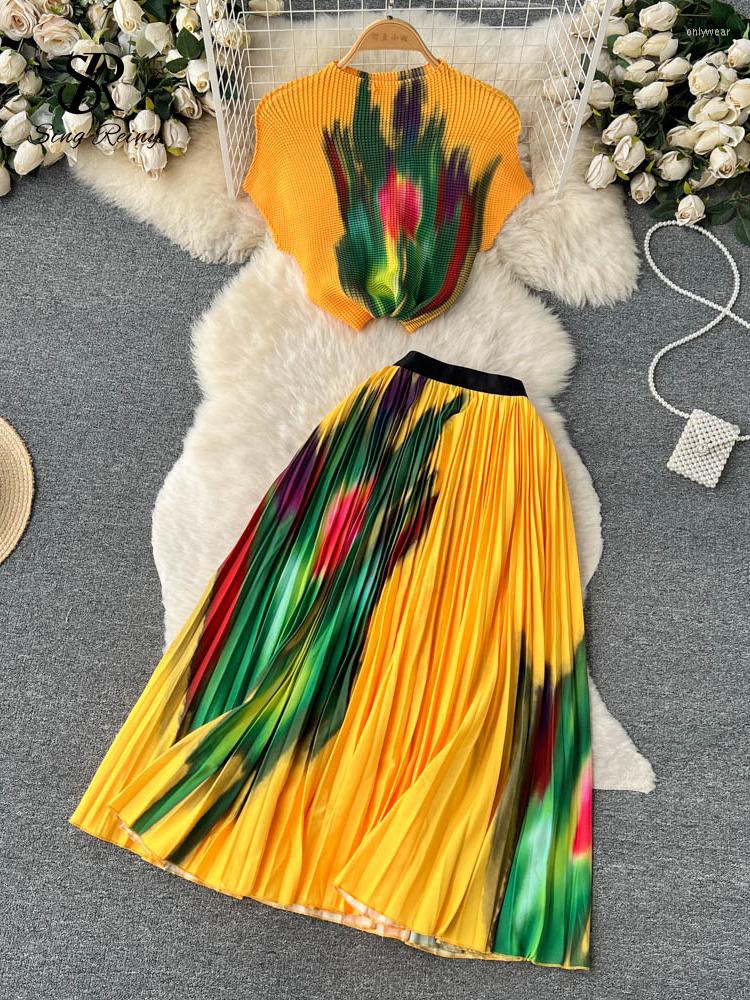 Work Dresses SINGREINY 2023 Streetwear Print Sets Women French Style O-Neck Knit Tops Midi Long Pleated Skirts Set Summer Two Pieces Suits