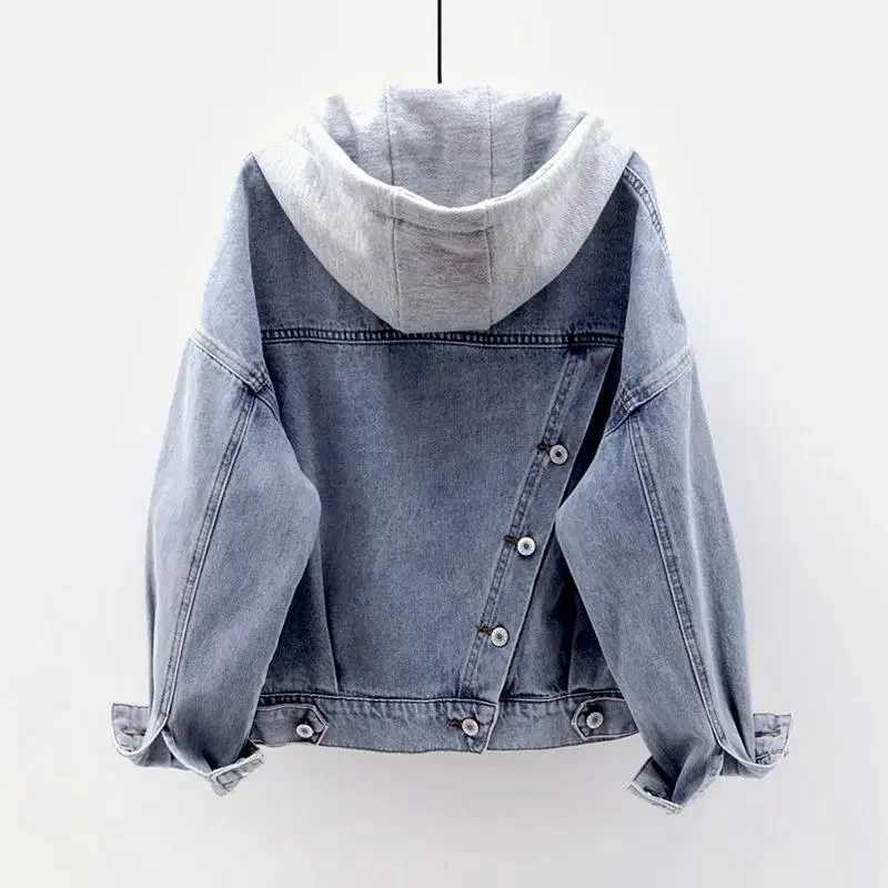 Blue Hooded Turn-down Collar Denim Jacket Women Loose Button Patchwork Outwear Jean Coat FemaleX240920