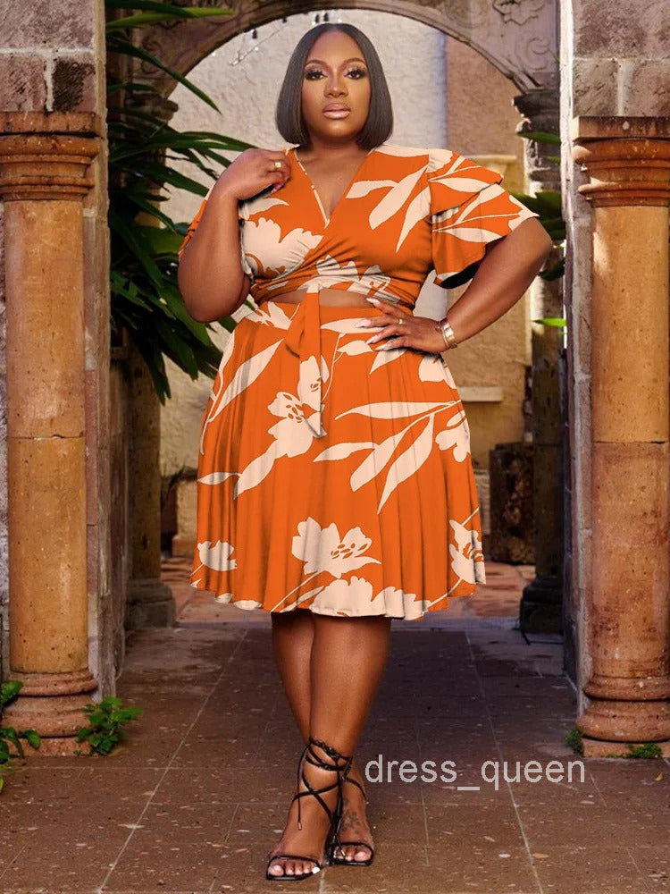 Plus Size Shorts Sets Casual V Neck Crop Top and Short Skirts Two Piece Women Matching Outfits Wholesale Dropshipping