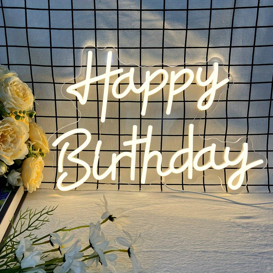 TEMU Happy Birthday Neon Wall Decoration, Warm White Led Neon Decoration, Dimmable Usb Power Supply, Family Bedroom, Birthday Party, Bar, Dormitory