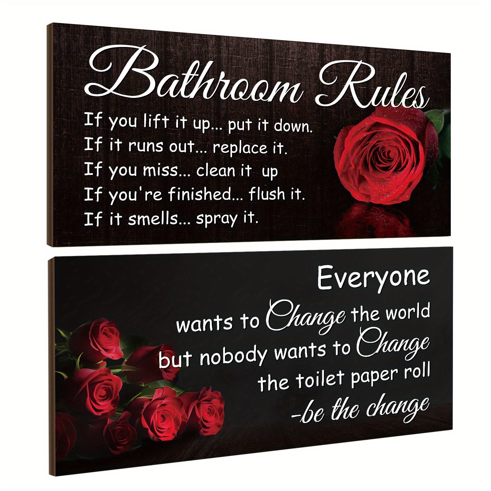 TEMU 2pcs Rose Bathroom Rules Wall Decor Bathroom Rules Wall Art Funny Red Rose Bathroom Decor Rustic Bathroom Accessories Hanging Wall Art For