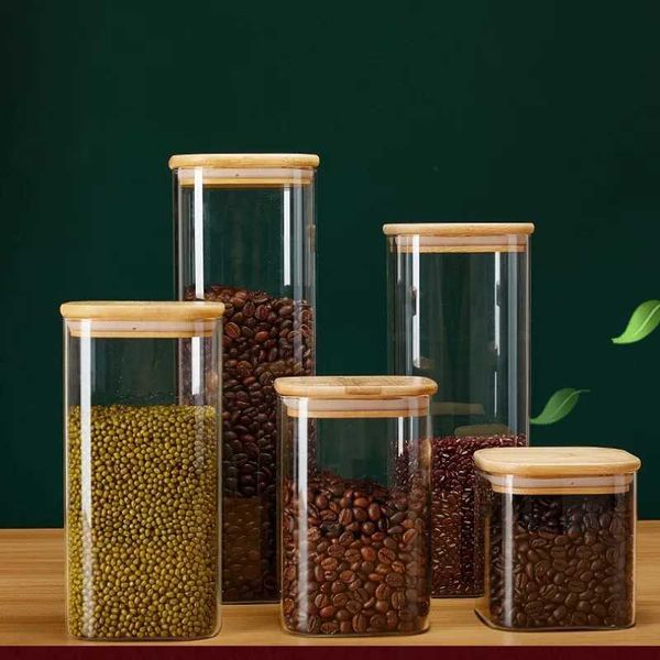 Storage Bottles Jars Square Glass Storage Jars with Bamboo Lid for Coffee Beans Grains Noodles Food Storage Containers Kitchen Organizers St